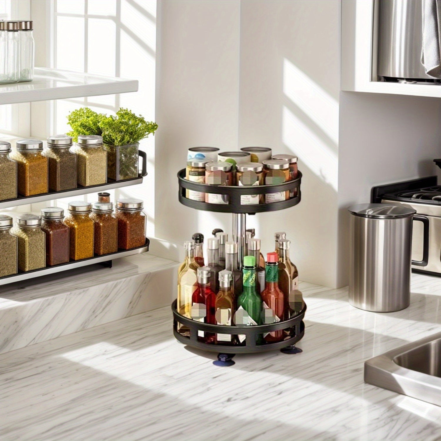 Metal Rotating Storage Rack with Adjustable Height for Kitchen Bathroom Countertop Organization