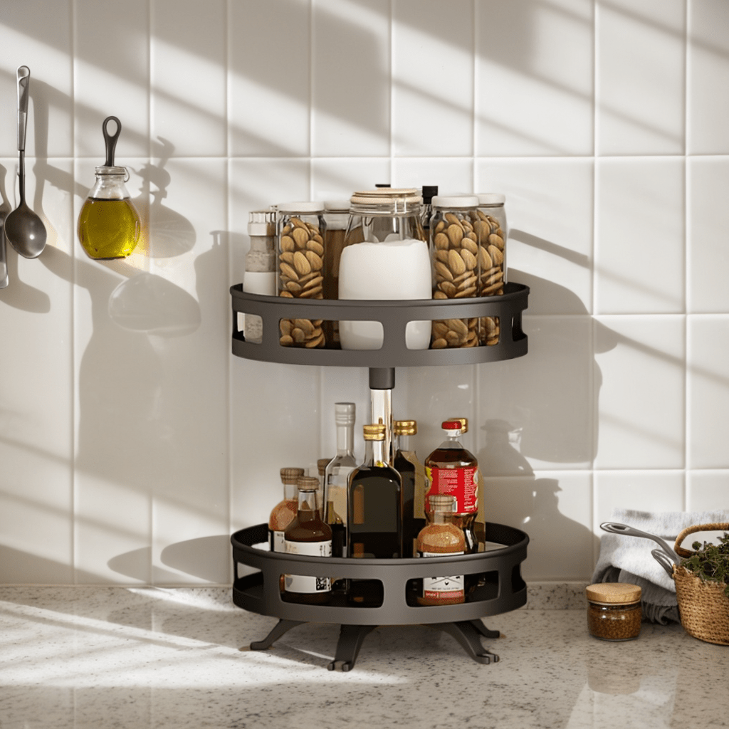 Metal Rotating Storage Rack with Adjustable Height for Kitchen Bathroom Countertop Organization