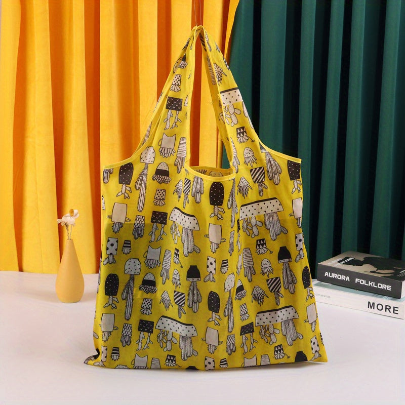 Lightweight Washable Grocery Tote Bag with Cartoon Cactus Design, Large Capacity