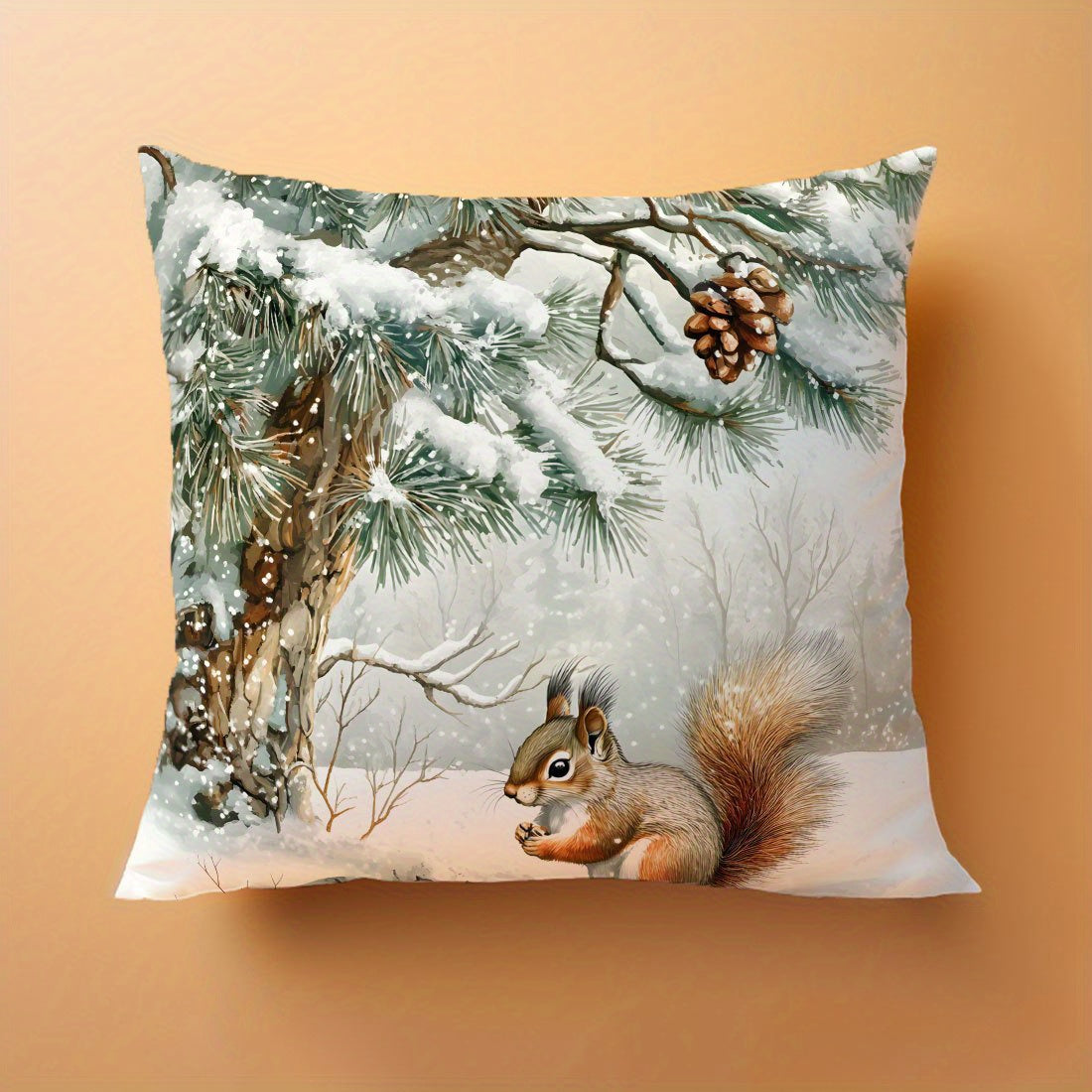 Snowy Squirrel Throw Pillow Cover Winter Scene 44.98cm Polyester Double-Sided Decor