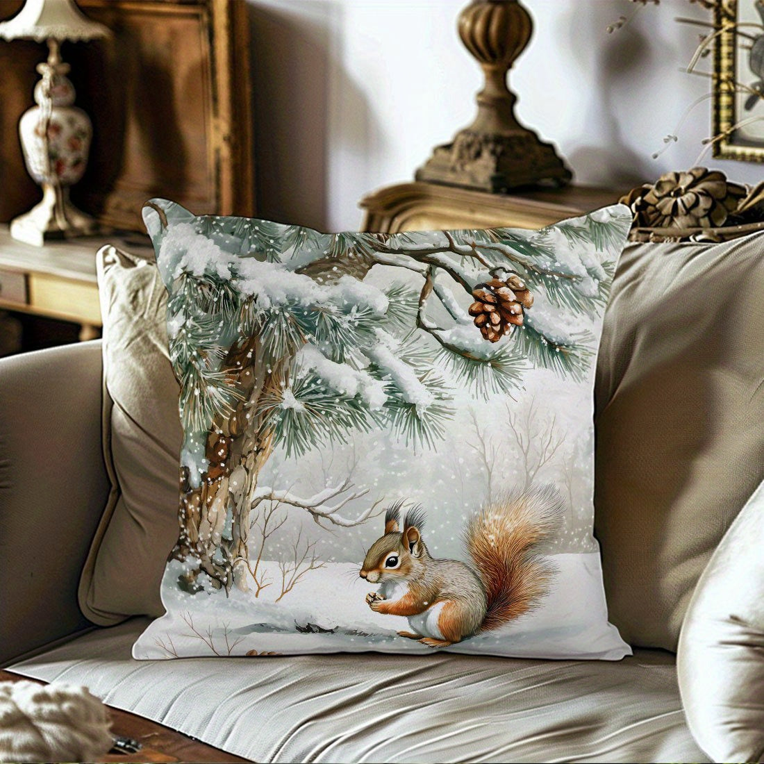 Snowy Squirrel Throw Pillow Cover Winter Scene 44.98cm Polyester Double-Sided Decor
