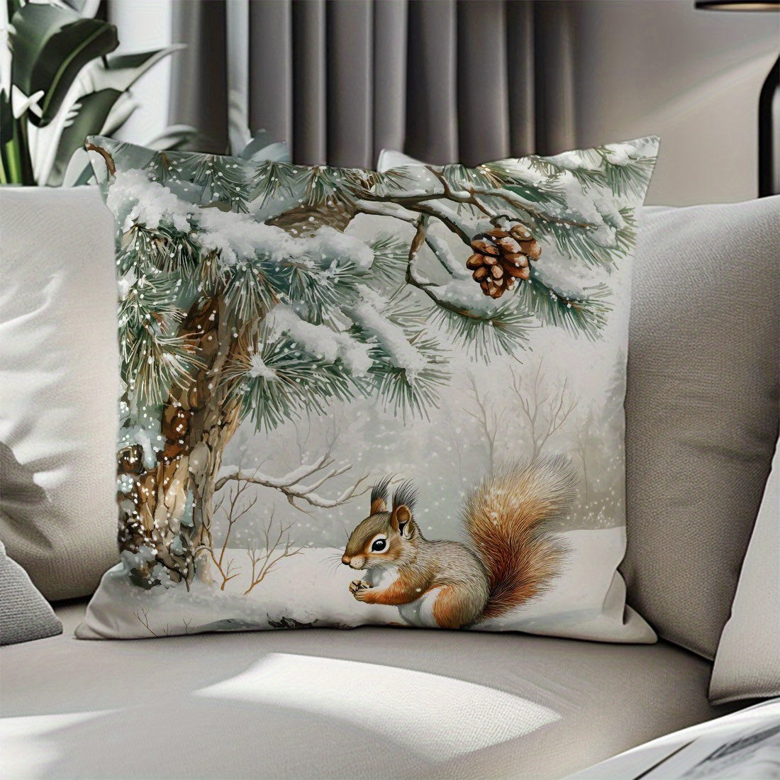 Snowy Squirrel Throw Pillow Cover Winter Scene 44.98cm Polyester Double-Sided Decor