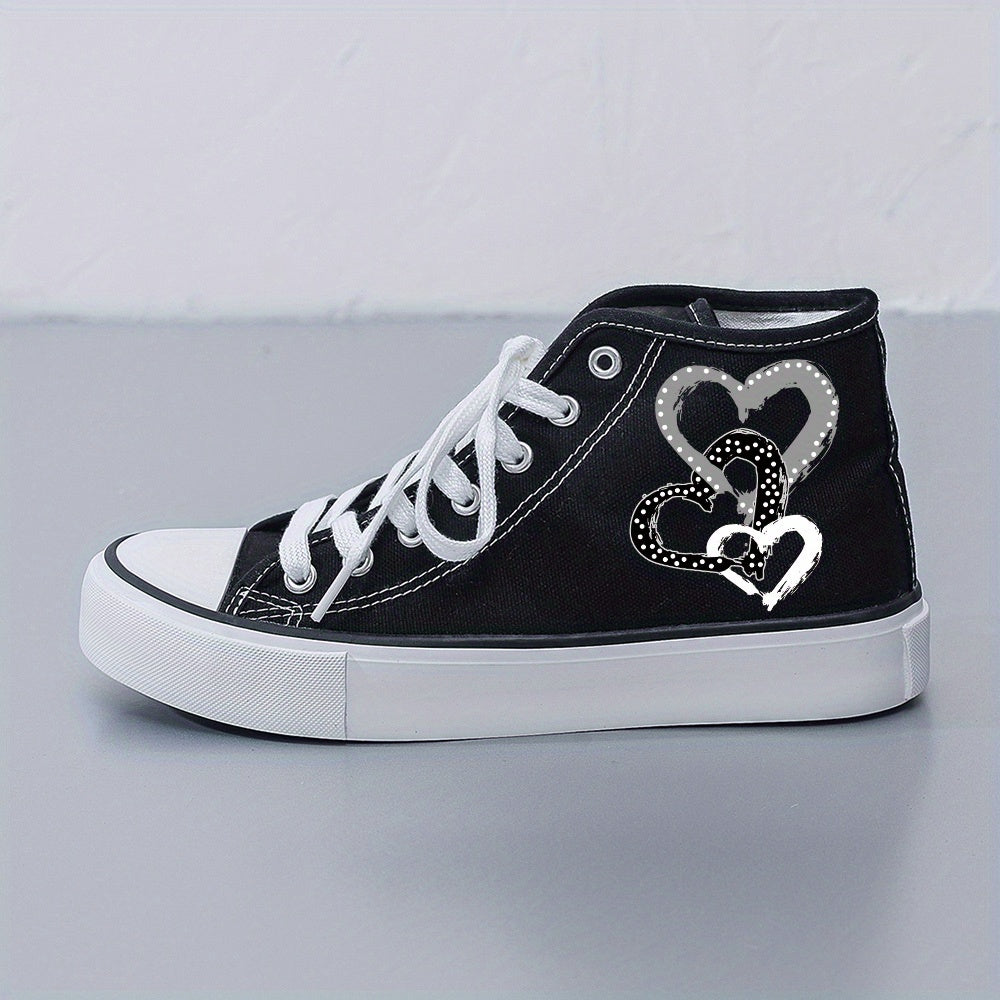 Women's Black and White Canvas Skate Shoes with Lace-Up and 2D Print