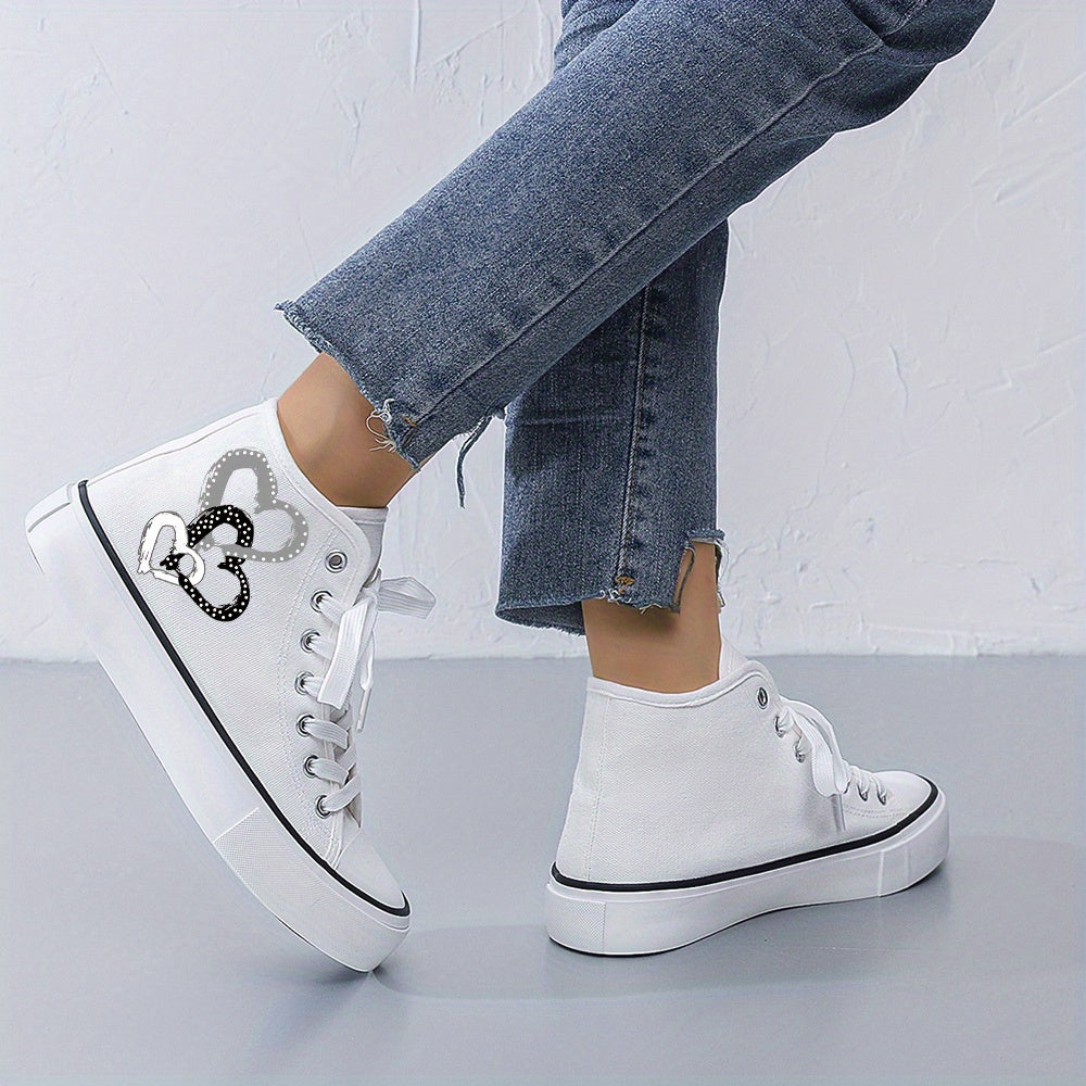 Women's Black and White Canvas Skate Shoes with Lace-Up and 2D Print