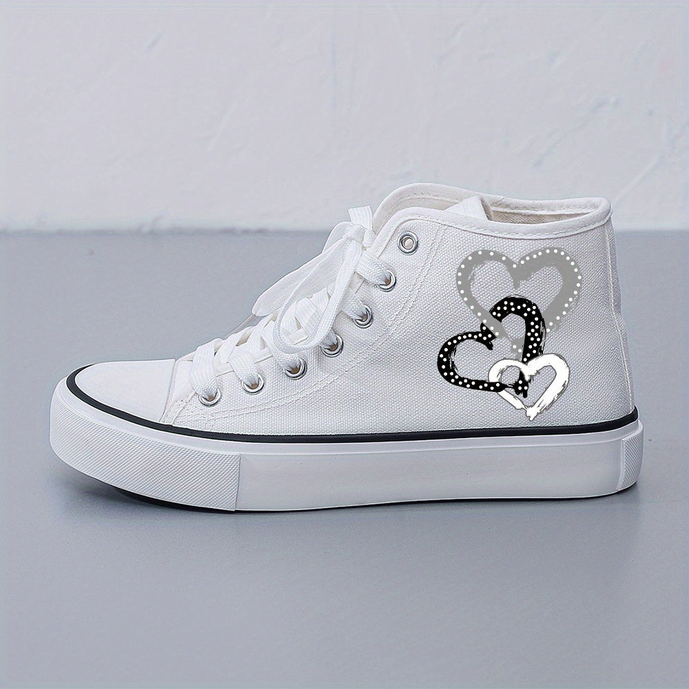 Women's Black and White Canvas Skate Shoes with Lace-Up and 2D Print
