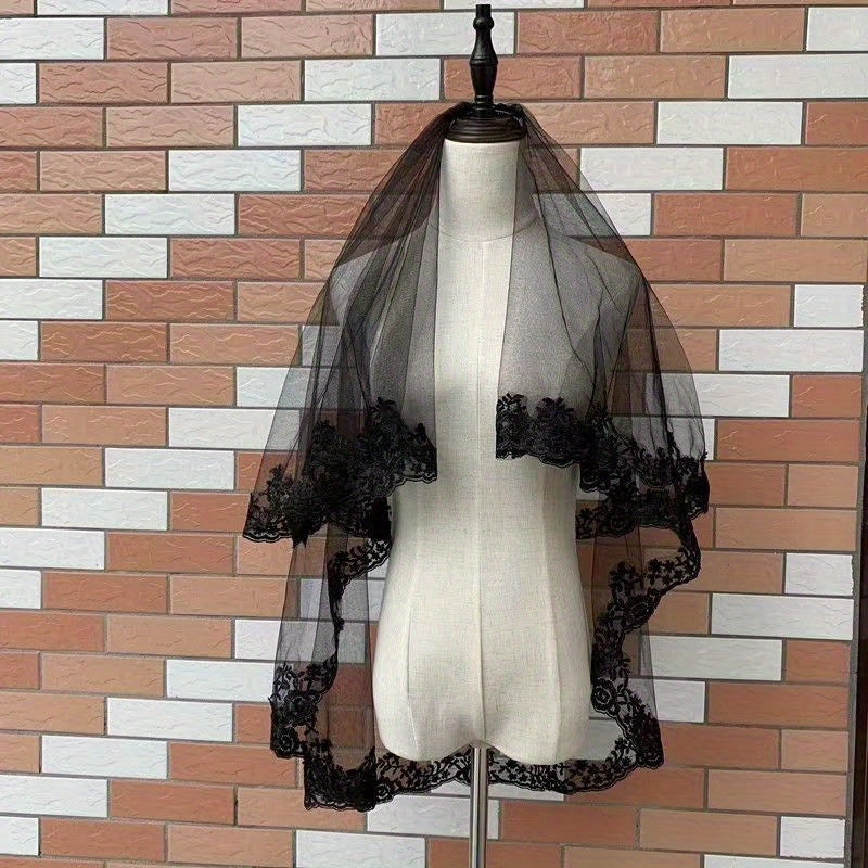 Black Lace Bridal Veil with Large Floral Design for Weddings and Photoshoots