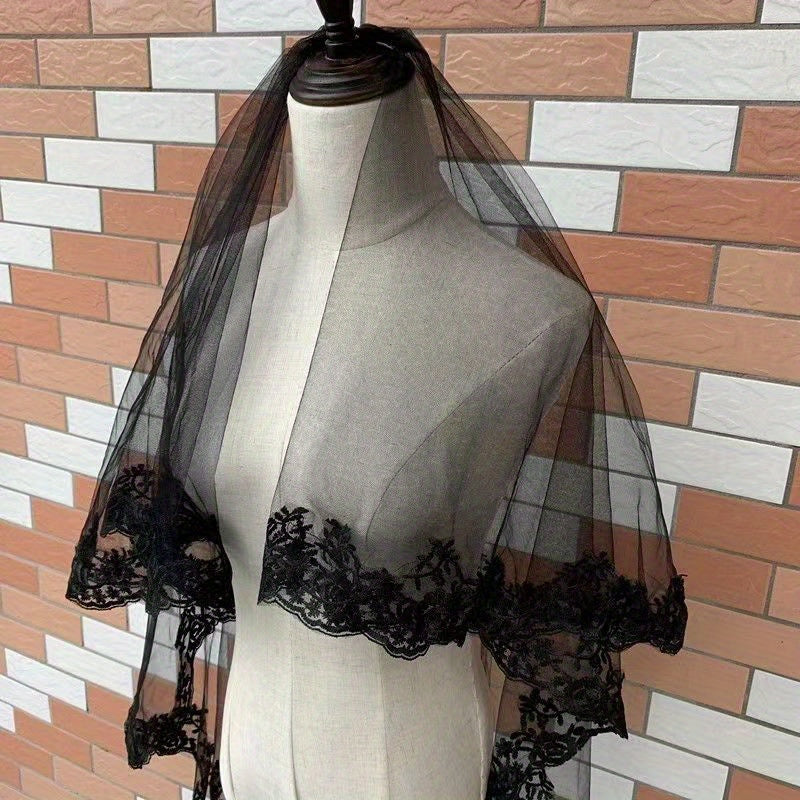 Black Lace Bridal Veil with Large Floral Design for Weddings and Photoshoots