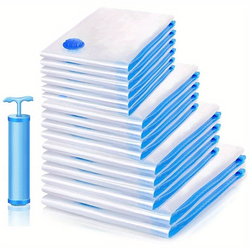 Set of 5 Transparent Vacuum Storage Bags with Blue Zipper for Clothes and Bedding