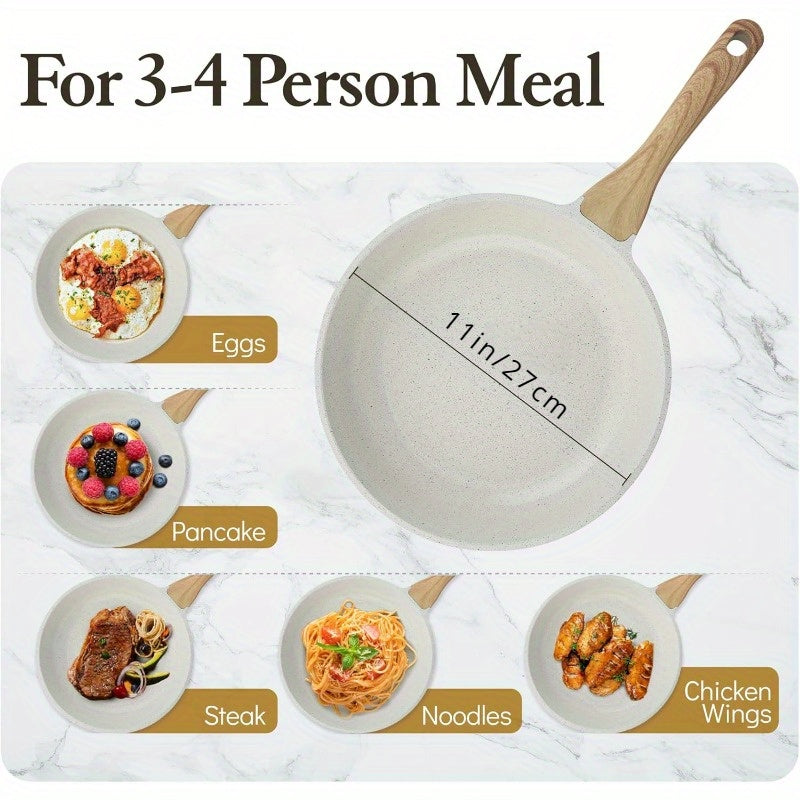 Sartén de cerámica blanca con compatibilidad con inducción y mango resistente al calor para cocinar huevos