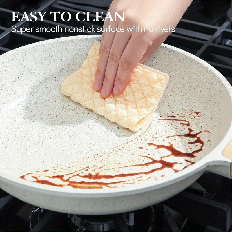Sartén de cerámica blanca con compatibilidad con inducción y mango resistente al calor para cocinar huevos