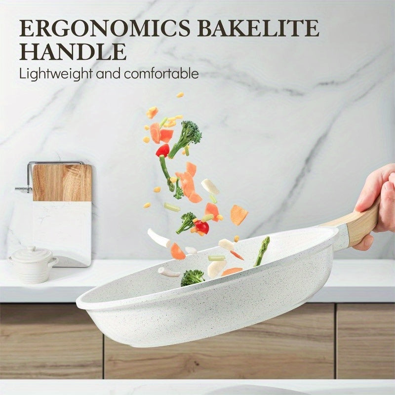 Sartén de cerámica blanca con compatibilidad con inducción y mango resistente al calor para cocinar huevos