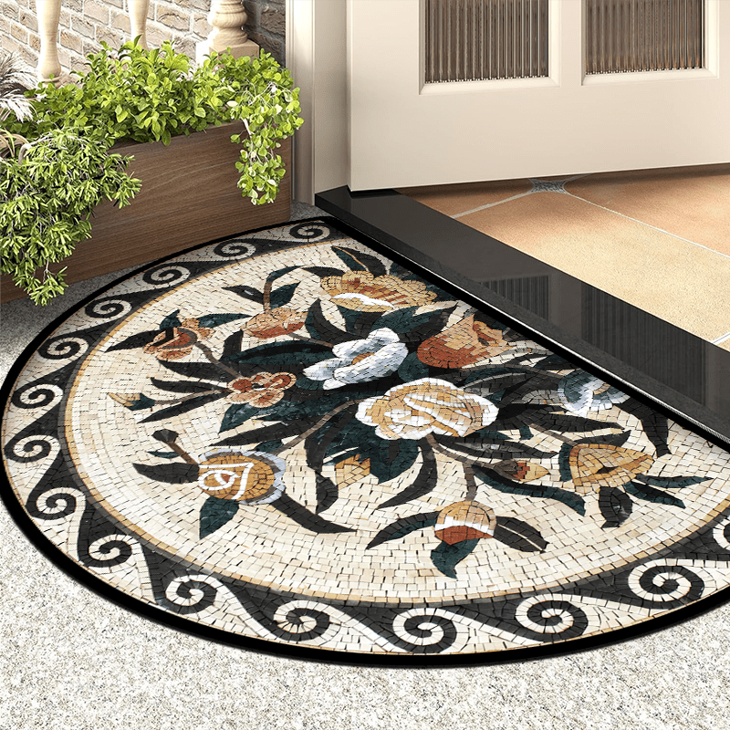 Half-Round Welcome Mat Non-Slip Plush Velvet Stone Flower Pattern Entrance Rug