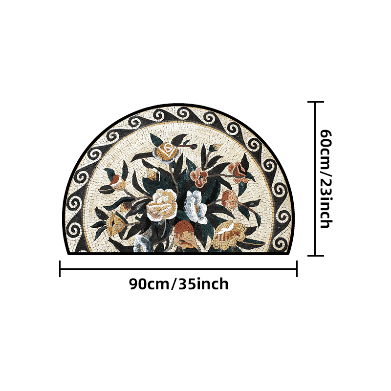 Half-Round Welcome Mat Non-Slip Plush Velvet Stone Flower Pattern Entrance Rug