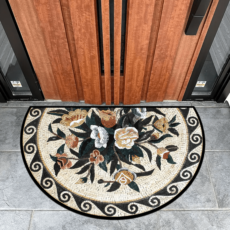 Half-Round Welcome Mat Non-Slip Plush Velvet Stone Flower Pattern Entrance Rug