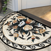 Half-Round Welcome Mat Non-Slip Plush Velvet Stone Flower Pattern Entrance Rug