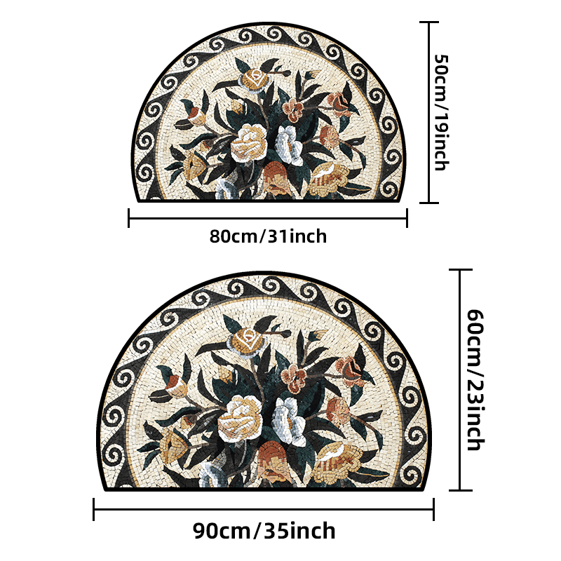 Half-Round Welcome Mat Non-Slip Plush Velvet Stone Flower Pattern Entrance Rug