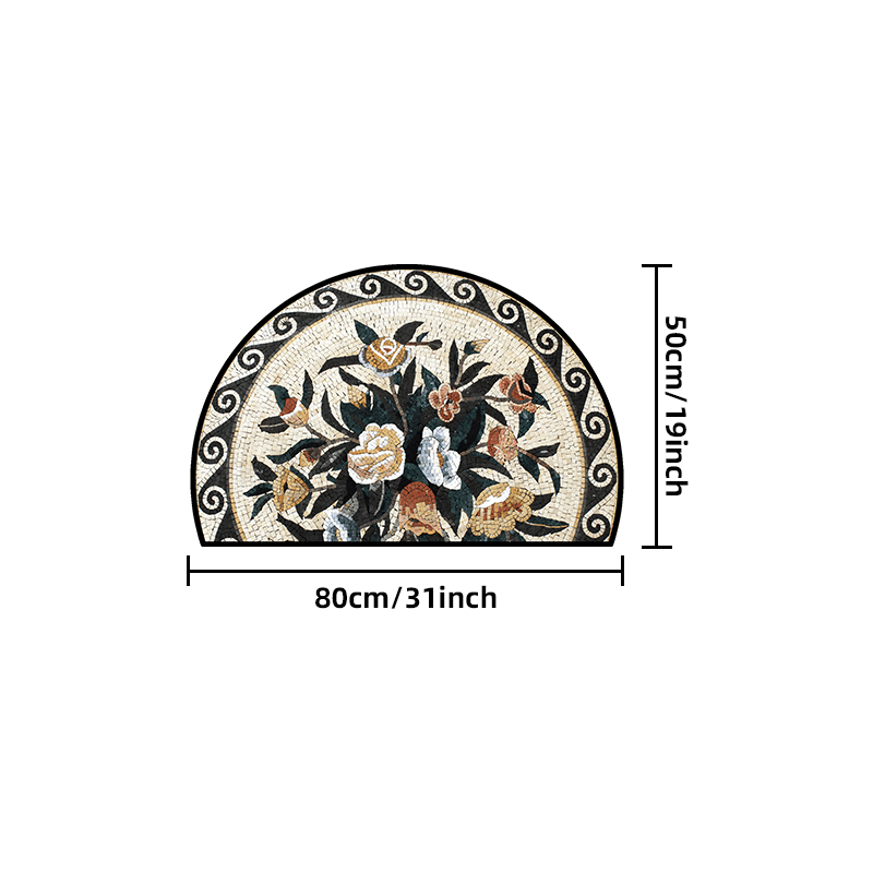 Half-Round Welcome Mat Non-Slip Plush Velvet Stone Flower Pattern Entrance Rug