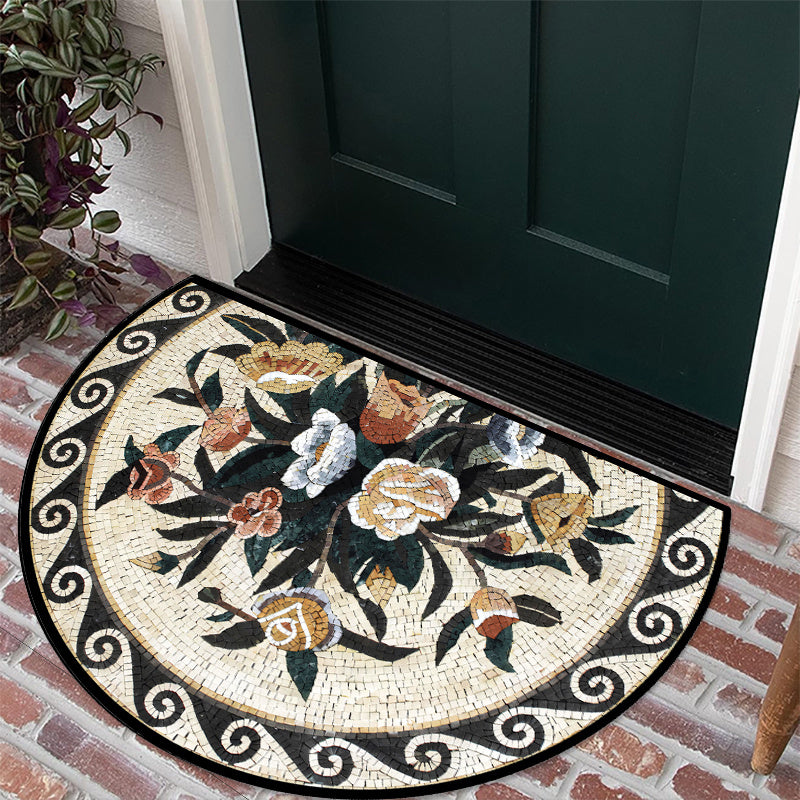 Half-Round Welcome Mat Non-Slip Plush Velvet Stone Flower Pattern Entrance Rug