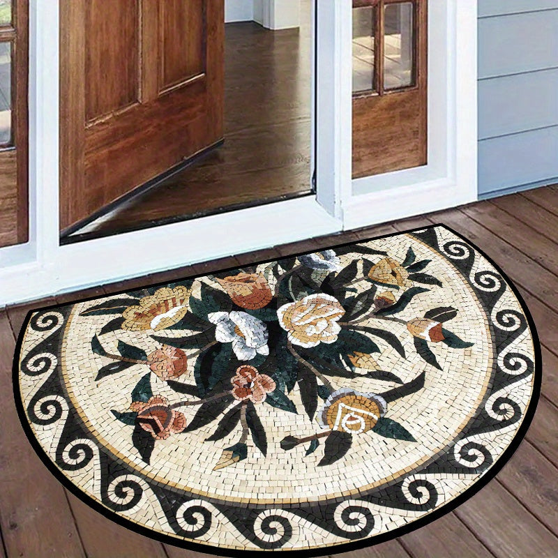 Half-Round Welcome Mat Non-Slip Plush Velvet Stone Flower Pattern Entrance Rug