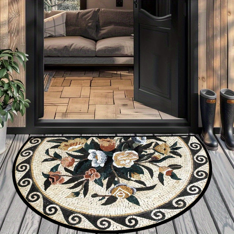 Half-Round Welcome Mat Non-Slip Plush Velvet Stone Flower Pattern Entrance Rug