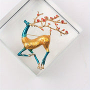 Luxury Enamel Deer Brooch Pin with Gold Finish and Ruby Accents