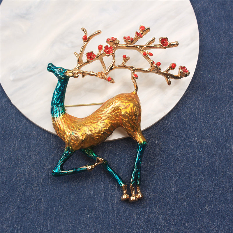 Luxury Enamel Deer Brooch Pin with Gold Finish and Ruby Accents