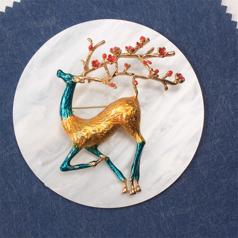 Luxury Enamel Deer Brooch Pin with Gold Finish and Ruby Accents