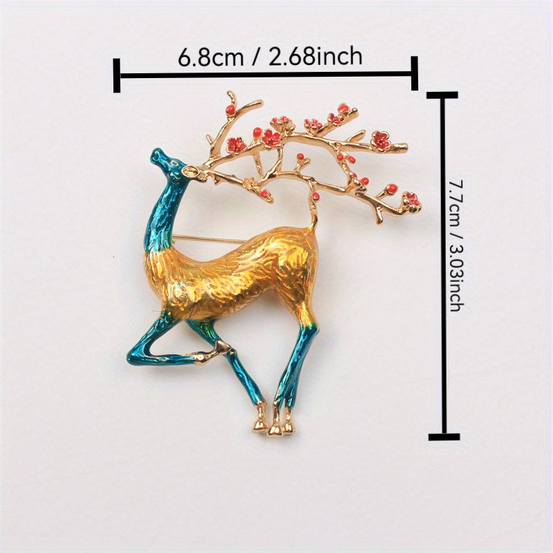 Luxury Enamel Deer Brooch Pin with Gold Finish and Ruby Accents
