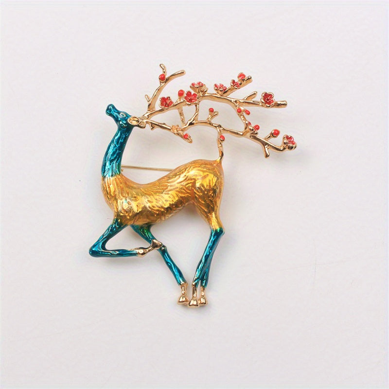 Luxury Enamel Deer Brooch Pin with Gold Finish and Ruby Accents