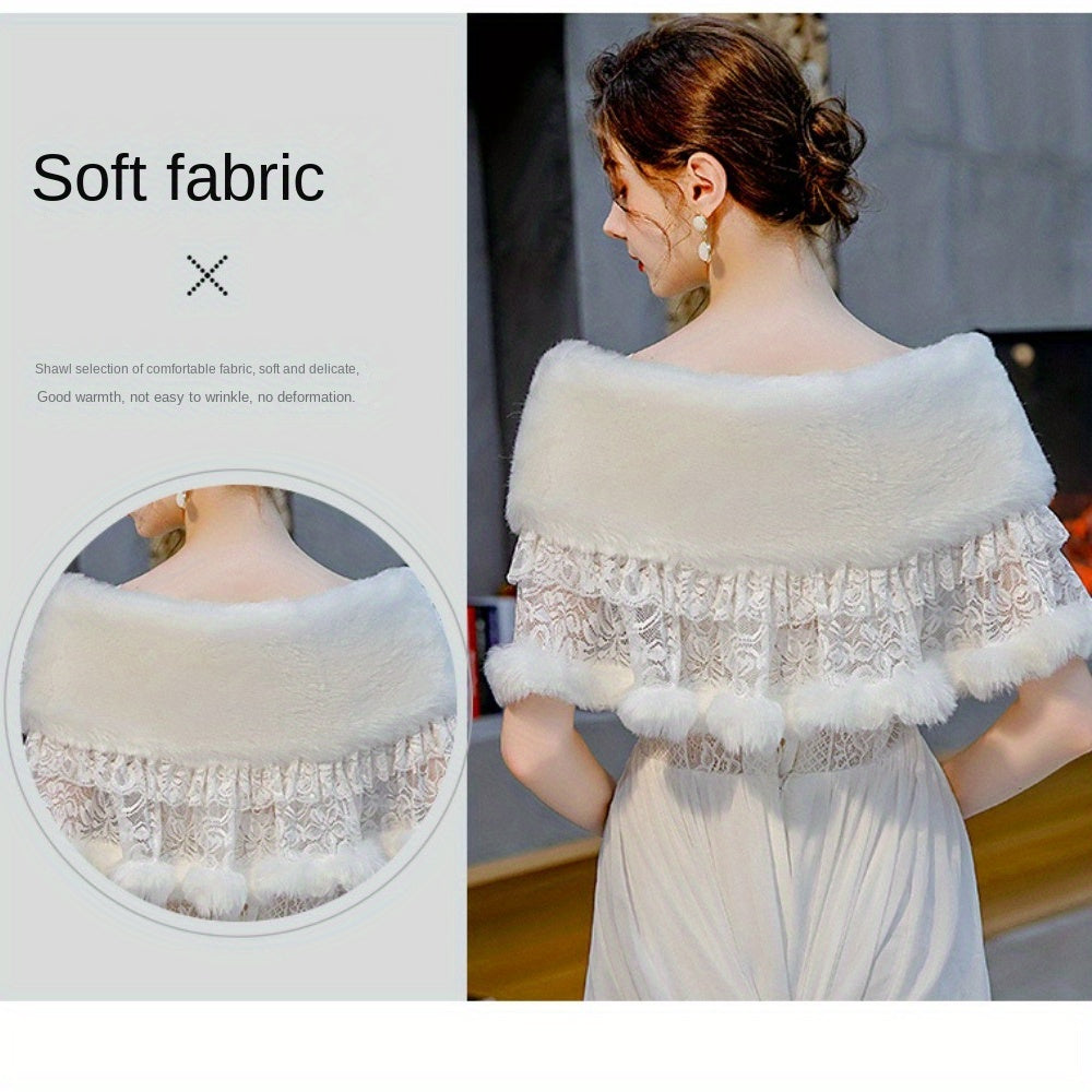 Elegant Bridal Shawl in Baroque Style with White Fur and Lace for Weddings