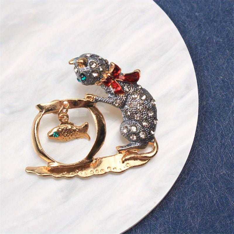 Rhinestone Cat Brooch Enamel Animal Pin for Dresses Sweaters and Suits
