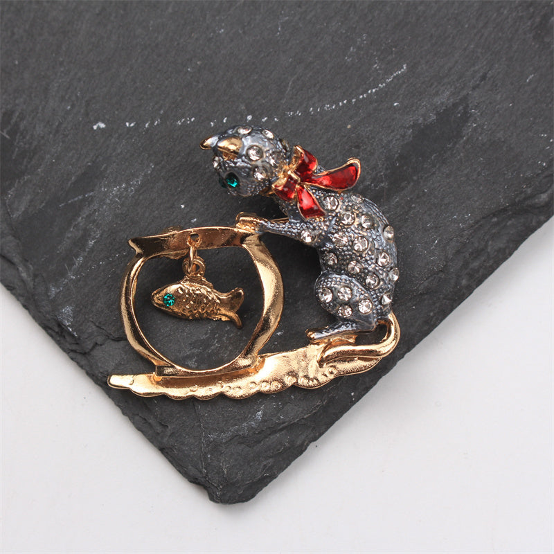 Rhinestone Cat Brooch Enamel Animal Pin for Dresses Sweaters and Suits