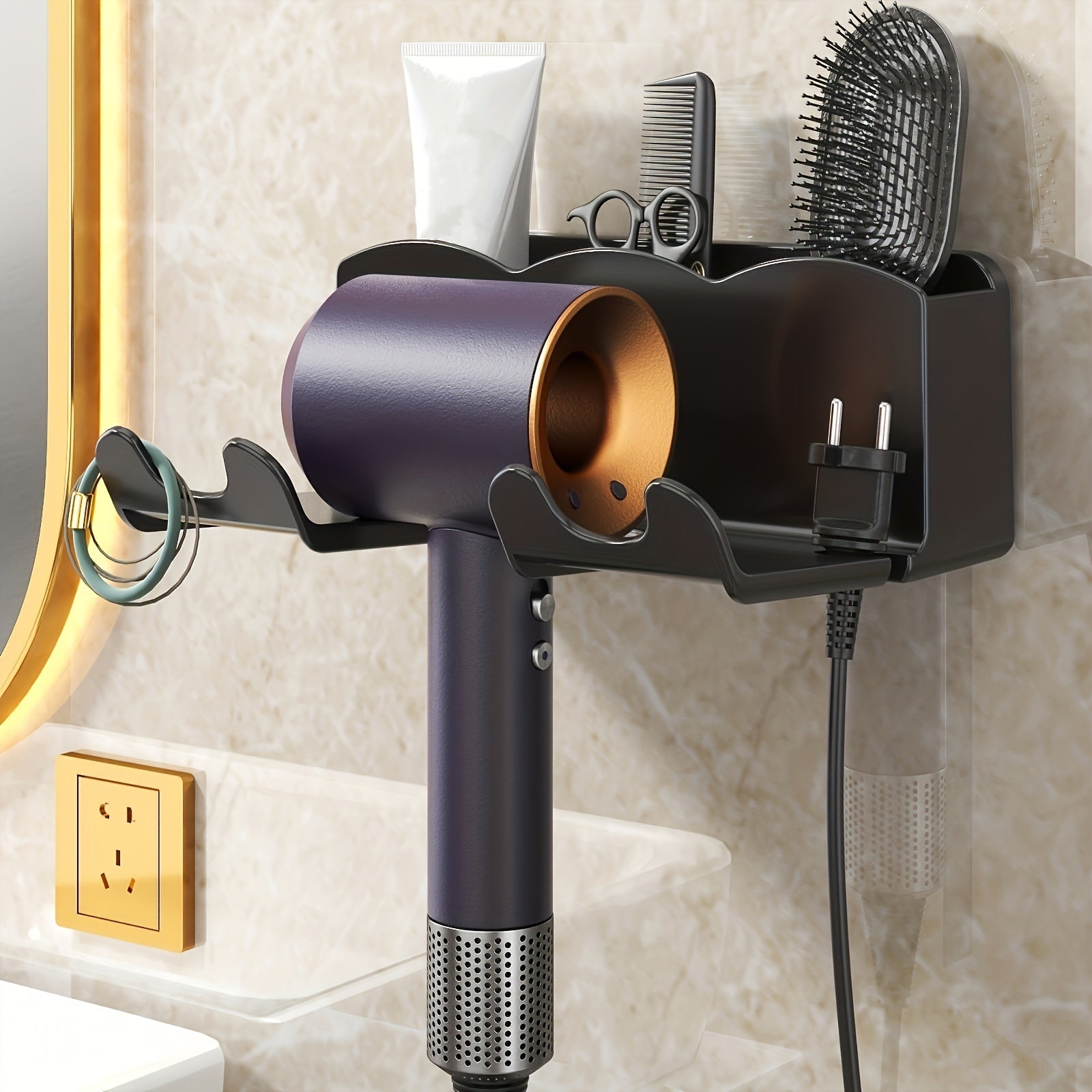 Wall Mount Hair Dryer Holder Plastic No Drilling Secure Grip Stylish Bathroom Organizer