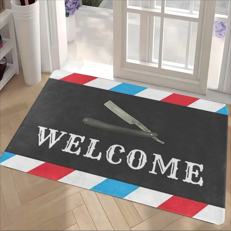 Flannel Door Mat with Barber Shop Design, Absorbent, 1cm Thick