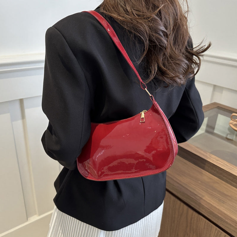 Red Shoulder Bag for Women Glossy Finish Zipper Closure Solid Color