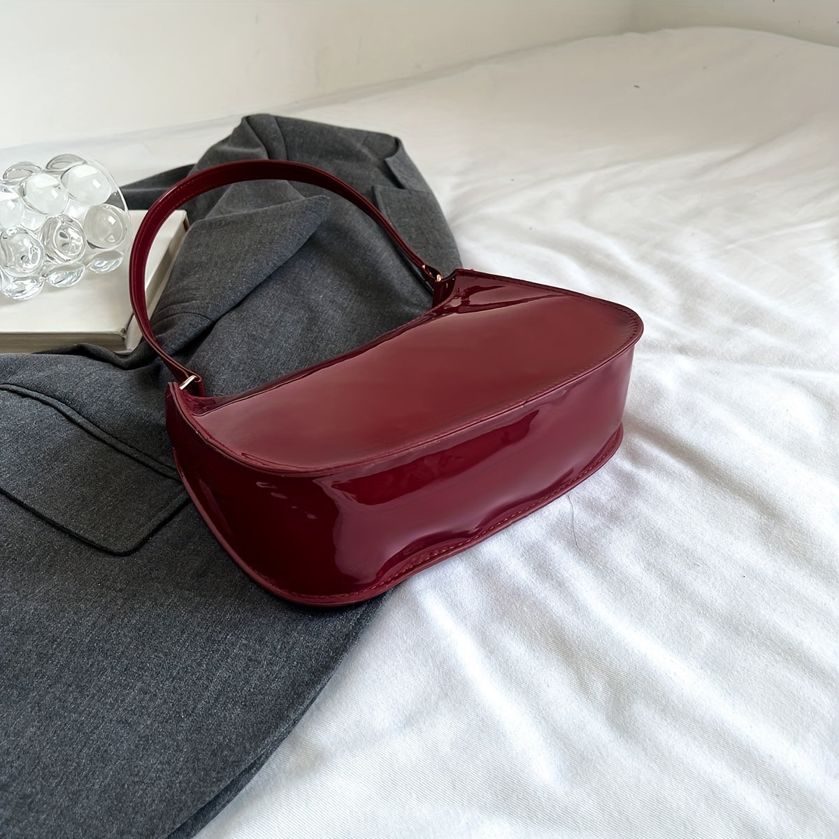 Red Shoulder Bag for Women Glossy Finish Zipper Closure Solid Color