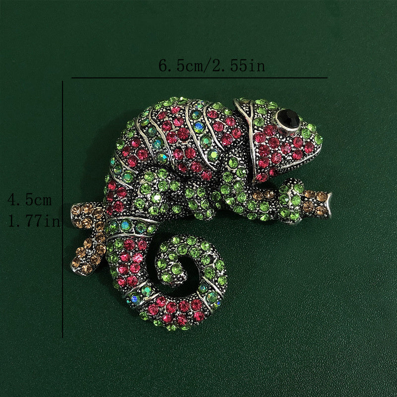 Elegant Chameleon-Shaped Rhinestone Brooch Pin with Green and Pink Crystals