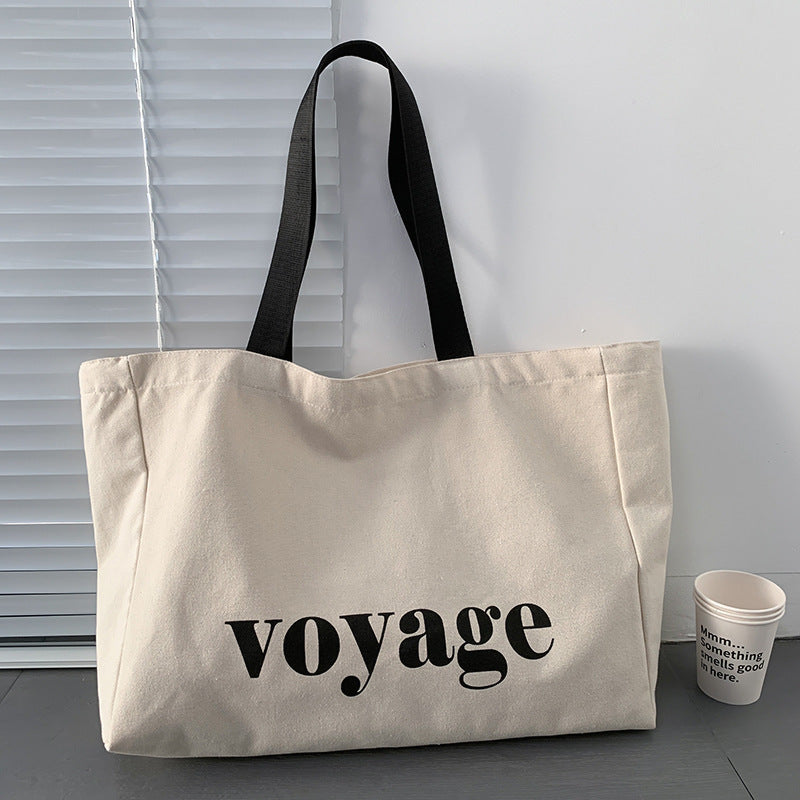 Beige Canvas Tote Bag for Women Large Capacity Shoulder Bag for School Travel Shopping
