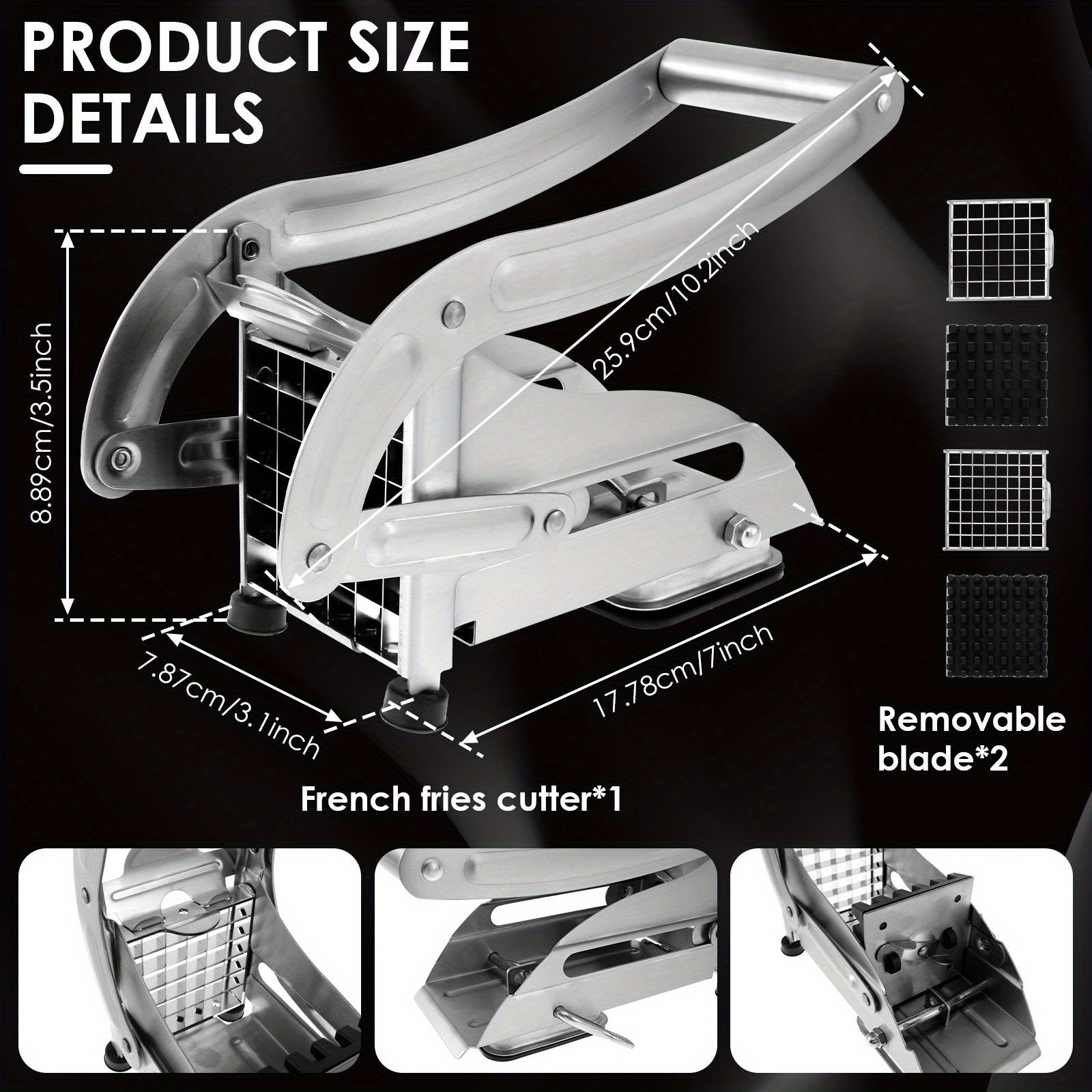 Stainless Steel French Fry Cutter with 2 Blades, Non-Slip Base, Easy to Clean