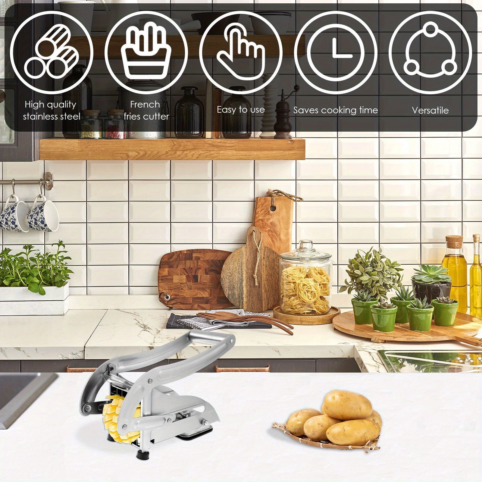 Stainless Steel French Fry Cutter with 2 Blades, Non-Slip Base, Easy to Clean