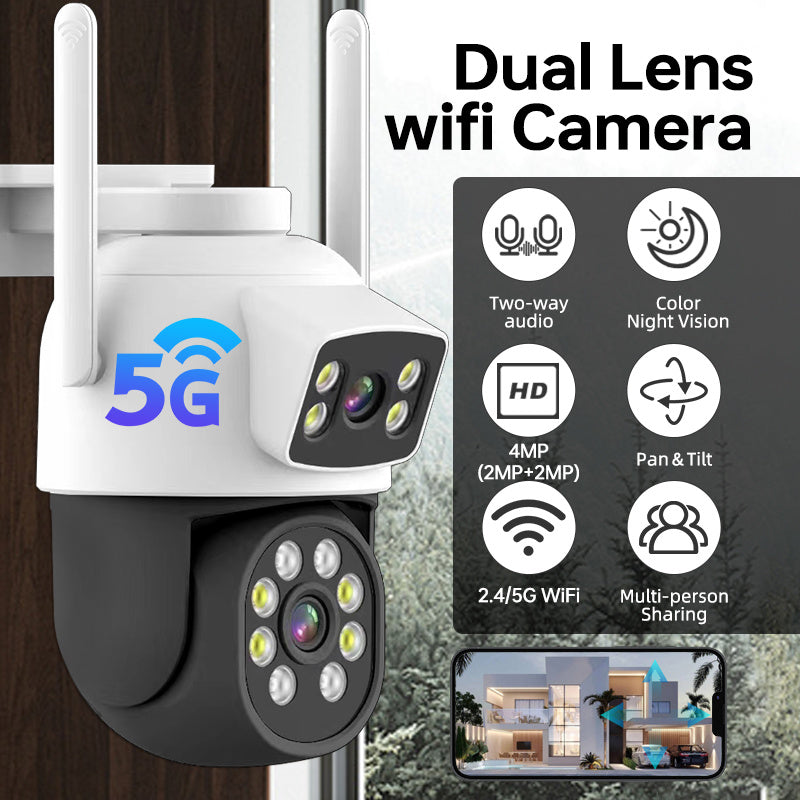 Dual Lens 2MP WiFi Security Camera with Color Night Vision 360° Pan Tilt Motion Detection Two-Way Audio Waterproof