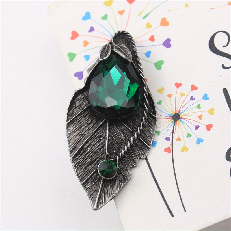 Vintage Leaf Brooch Pendant Enamel Rhinestone Plant Shape Jewelry for Women