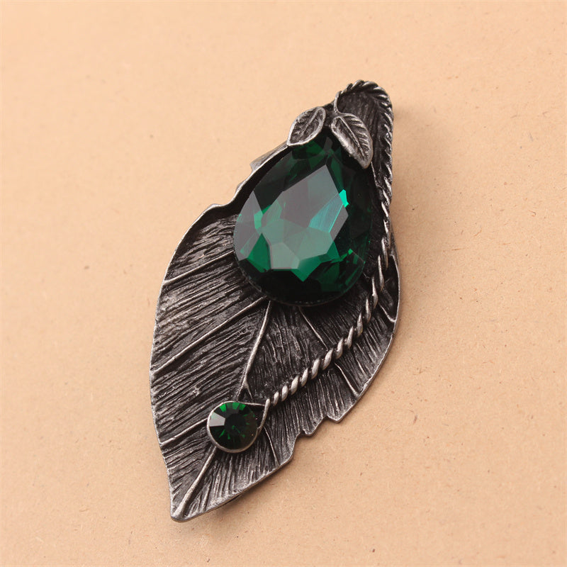 Vintage Leaf Brooch Pendant Enamel Rhinestone Plant Shape Jewelry for Women