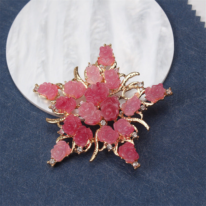 Ayollar uchun pushti gül emal brosh, vintage yulduz dizayni, retro zargarlik