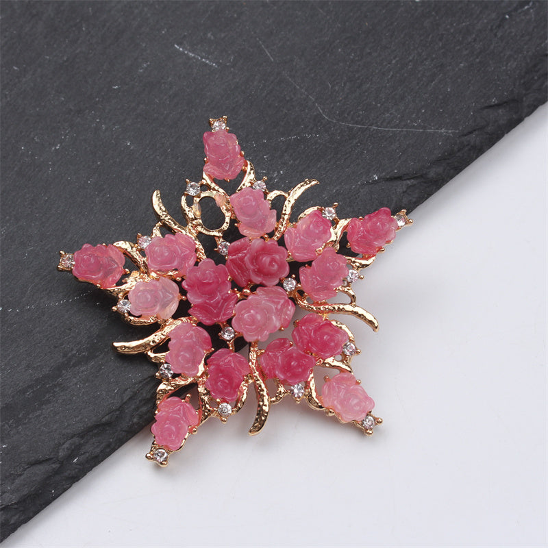 Ayollar uchun pushti gül emal brosh, vintage yulduz dizayni, retro zargarlik