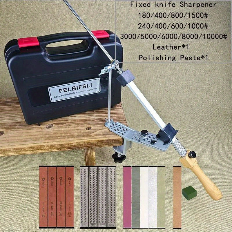 Oshxona va yog'och ishlash uchun statik burchakli pichoqni silliqlash asbobi, qutida honing olmos maydalagich, silliqlash toshi va moy toshi bilan.