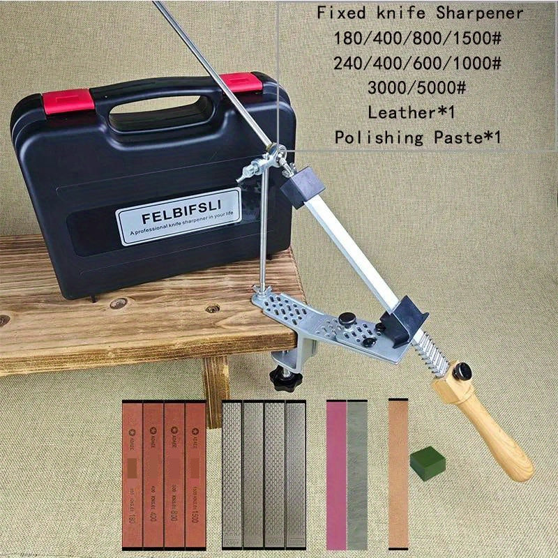 Oshxona va yog'och ishlash uchun statik burchakli pichoqni silliqlash asbobi, qutida honing olmos maydalagich, silliqlash toshi va moy toshi bilan.