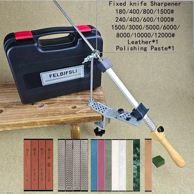 Oshxona va yog'och ishlash uchun statik burchakli pichoqni silliqlash asbobi, qutida honing olmos maydalagich, silliqlash toshi va moy toshi bilan.