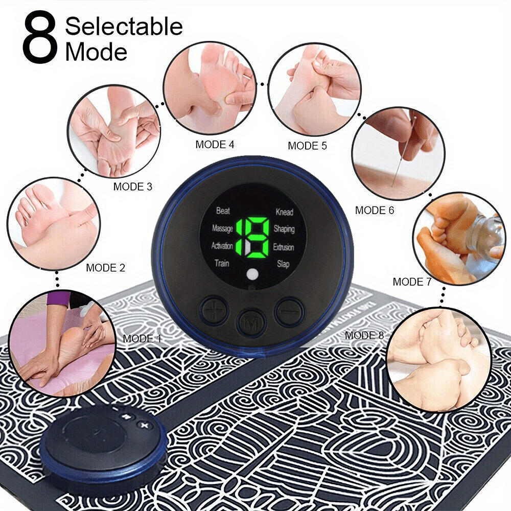Portable Foot Massager Pad with 19 Levels 8 Modes USB Rechargeable Non-Slip Silicone for Pain Relief and Sleep Improvement