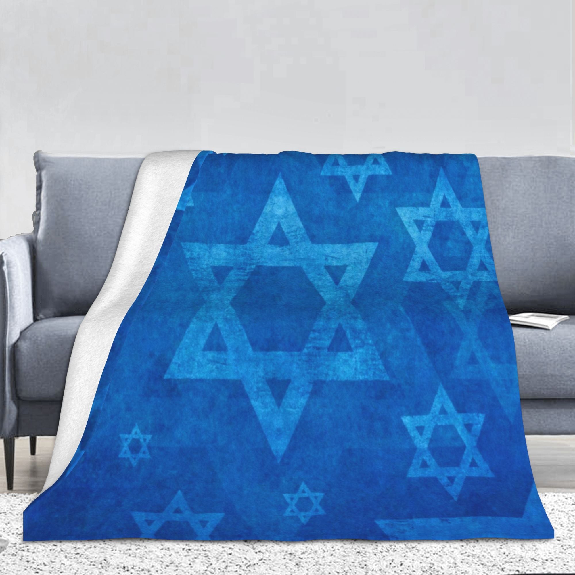 Blue Star of David Flannel Throw Blanket Non-Woven Polyester Digital Print 250-300gsm